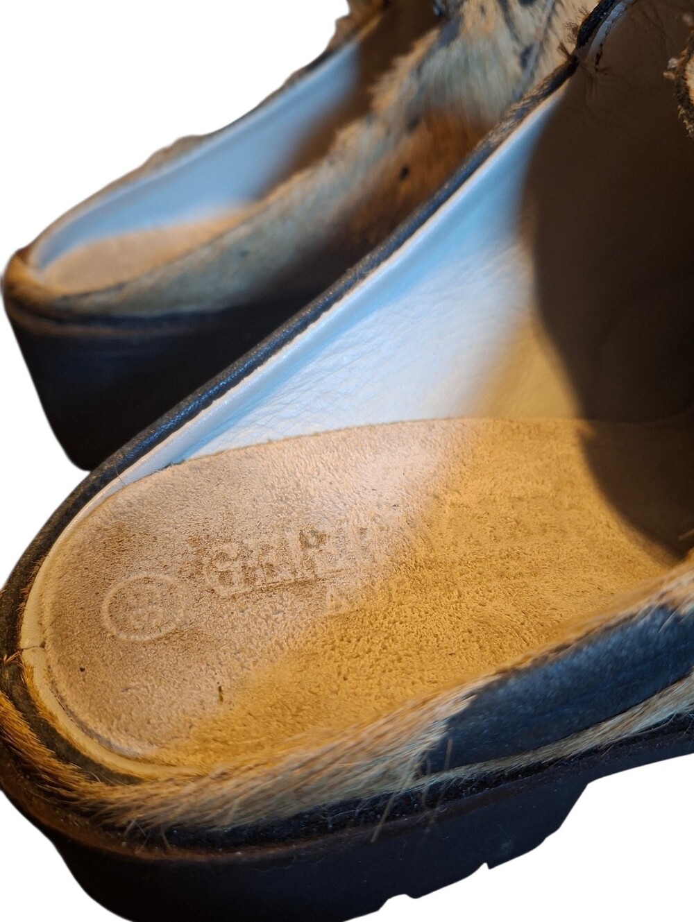 Vintage Geier Wally Austria Pony Hair Cow Print Clogs Sz 8.5 Lug Sole Mule - Picture 4 of 13